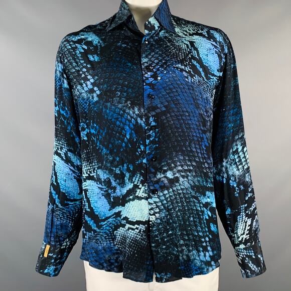BILLIONAIRE COUTURE Size XL Black Blue Snake Silk Button Up Long Sleeve Shirt - Picture 1 of 6